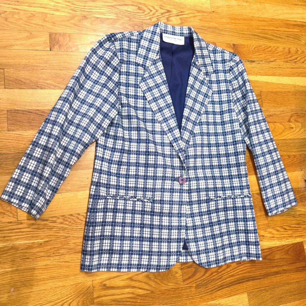 Fundamental Things Petites Blue White Plaid Blazer Jacket Size 6 Made in USA